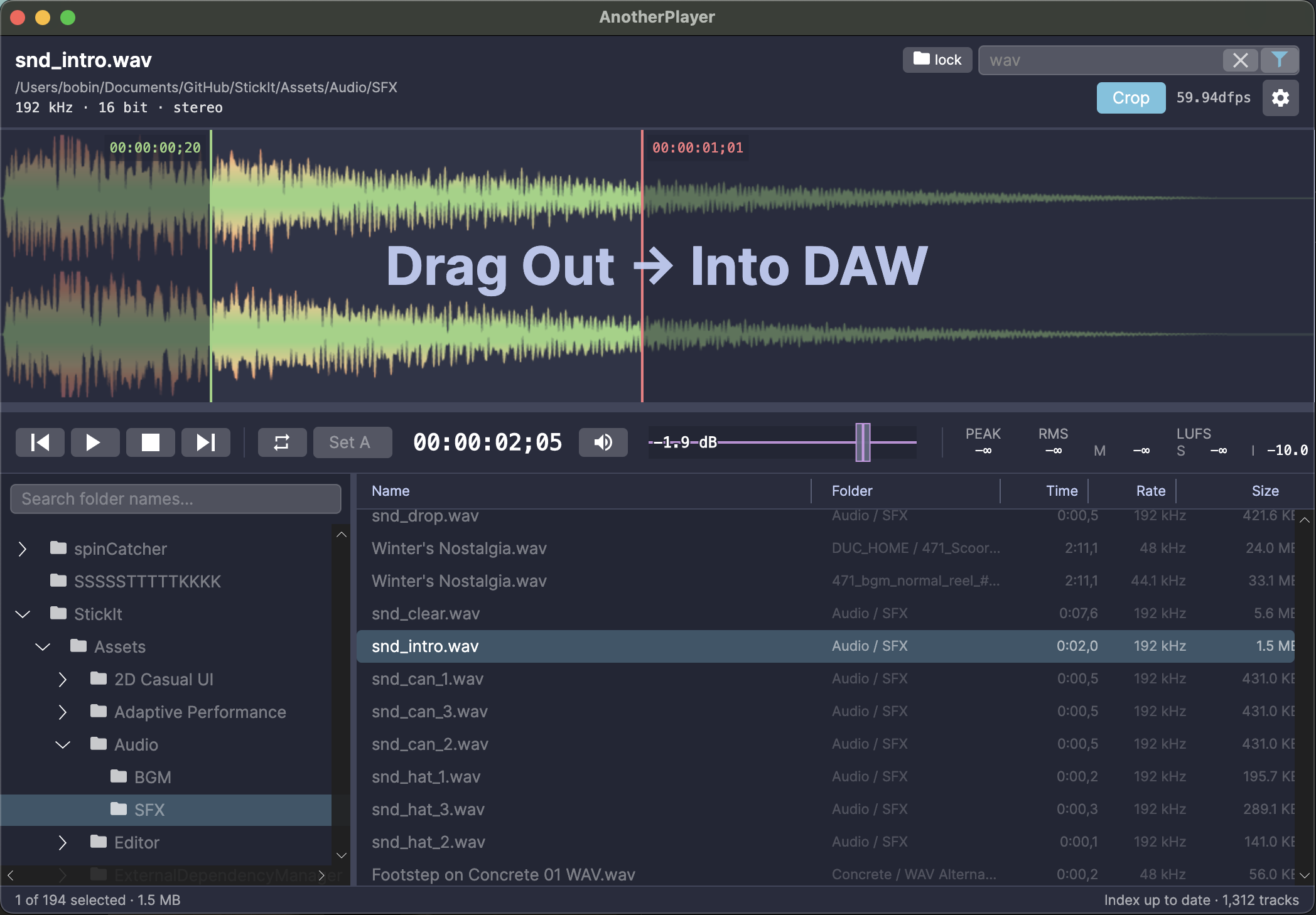 Selecting a region on the waveform to drag straight into a DAW