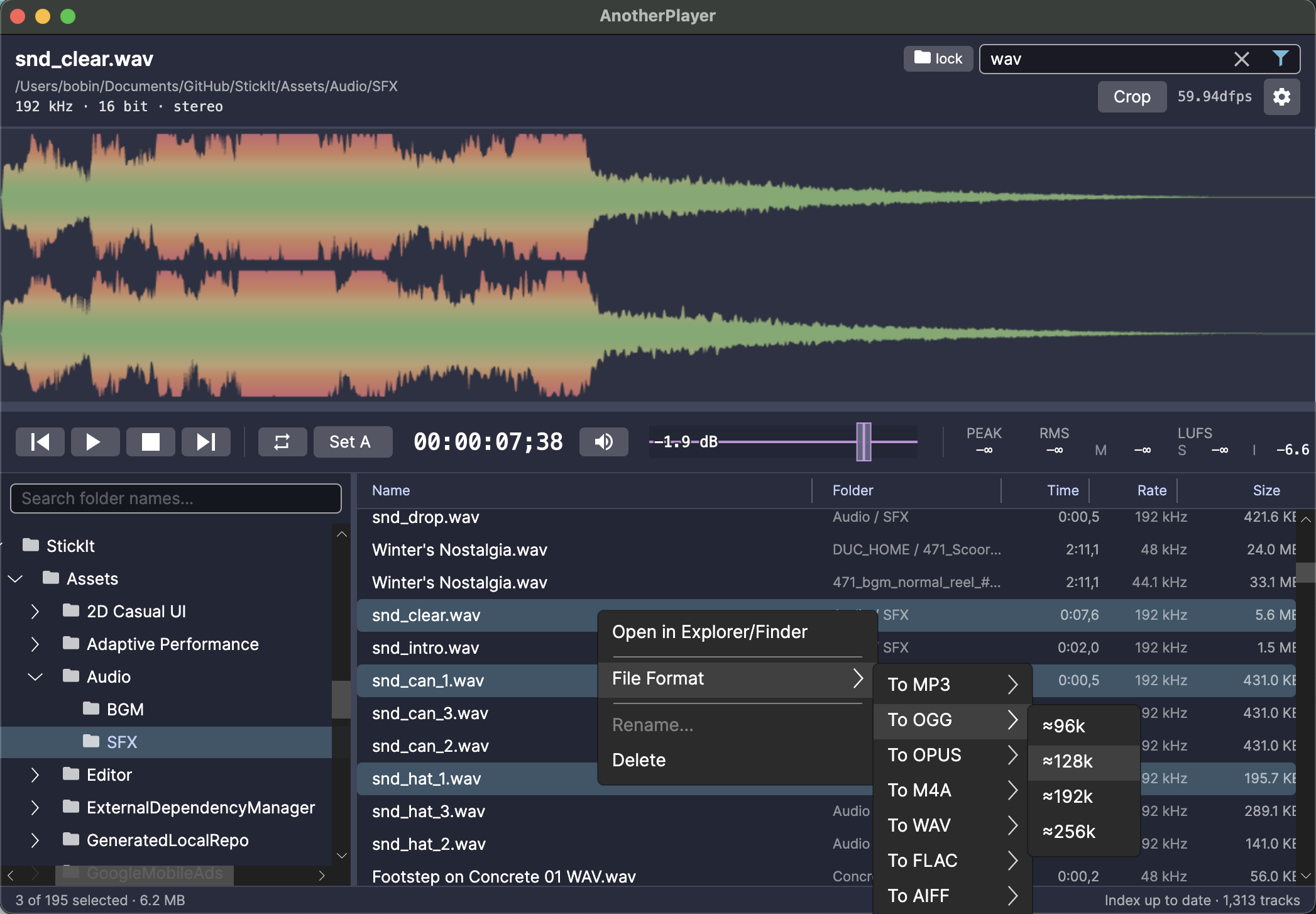 Right-click menu converting selected files to MP3, OGG, OPUS, M4A, WAV, FLAC, or AIFF