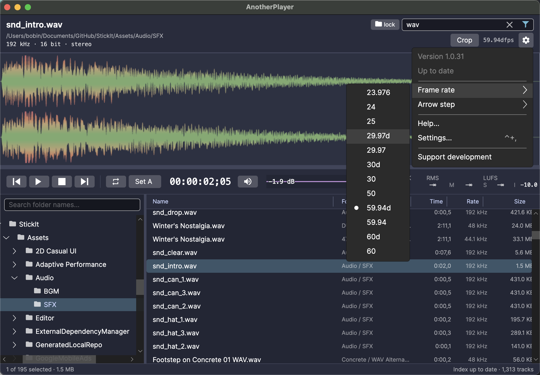 Settings menu with broadcast SMPTE frame rates from 23.976 to 60, drop-frame included