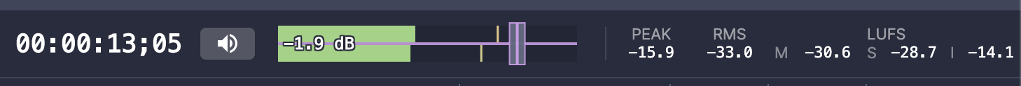 Transport bar: SMPTE timecode, volume fader, VU meter, and Peak / RMS / LUFS readouts