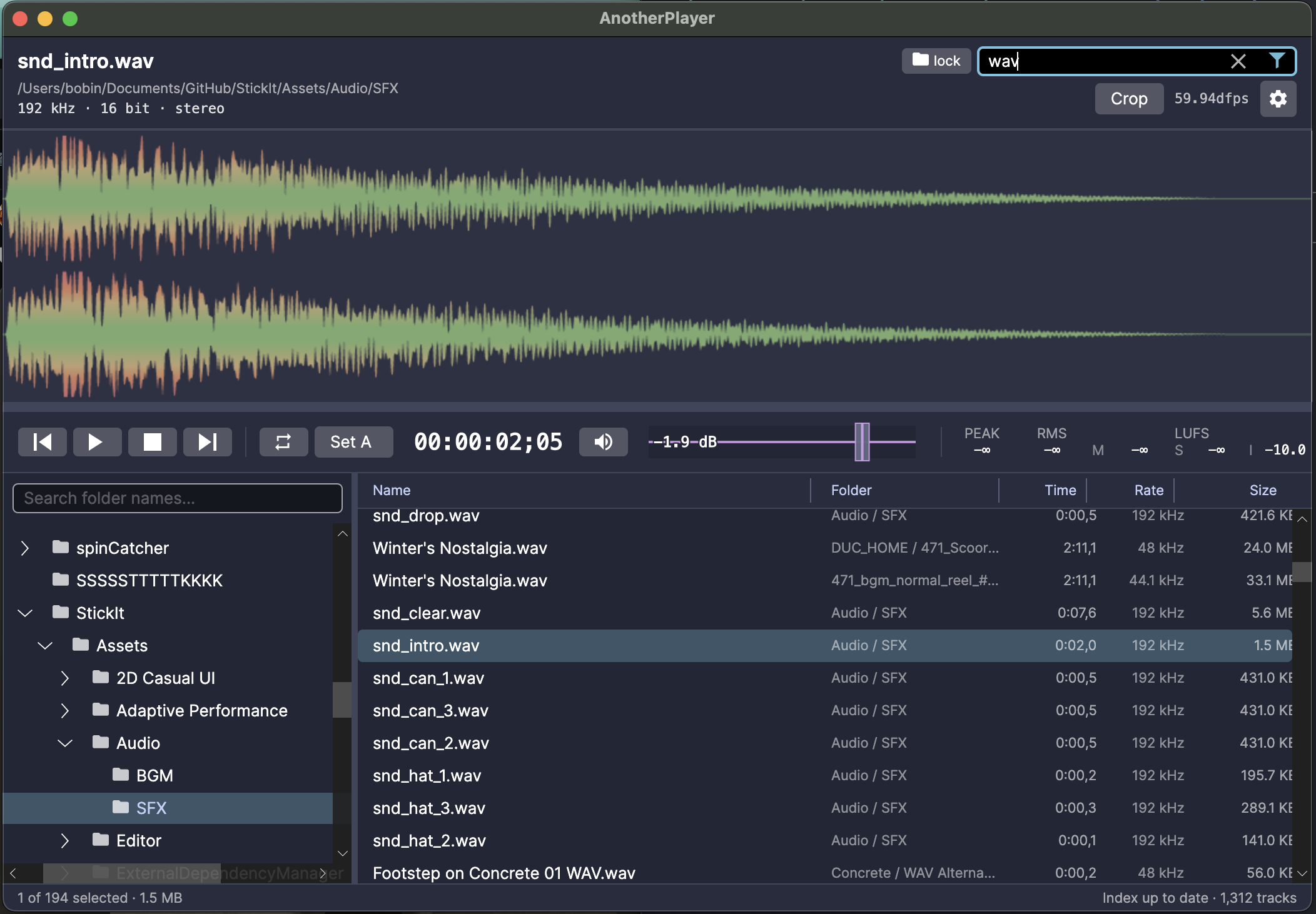 AnotherPlayer main window: folder tree, file list, stereo waveform, and transport bar